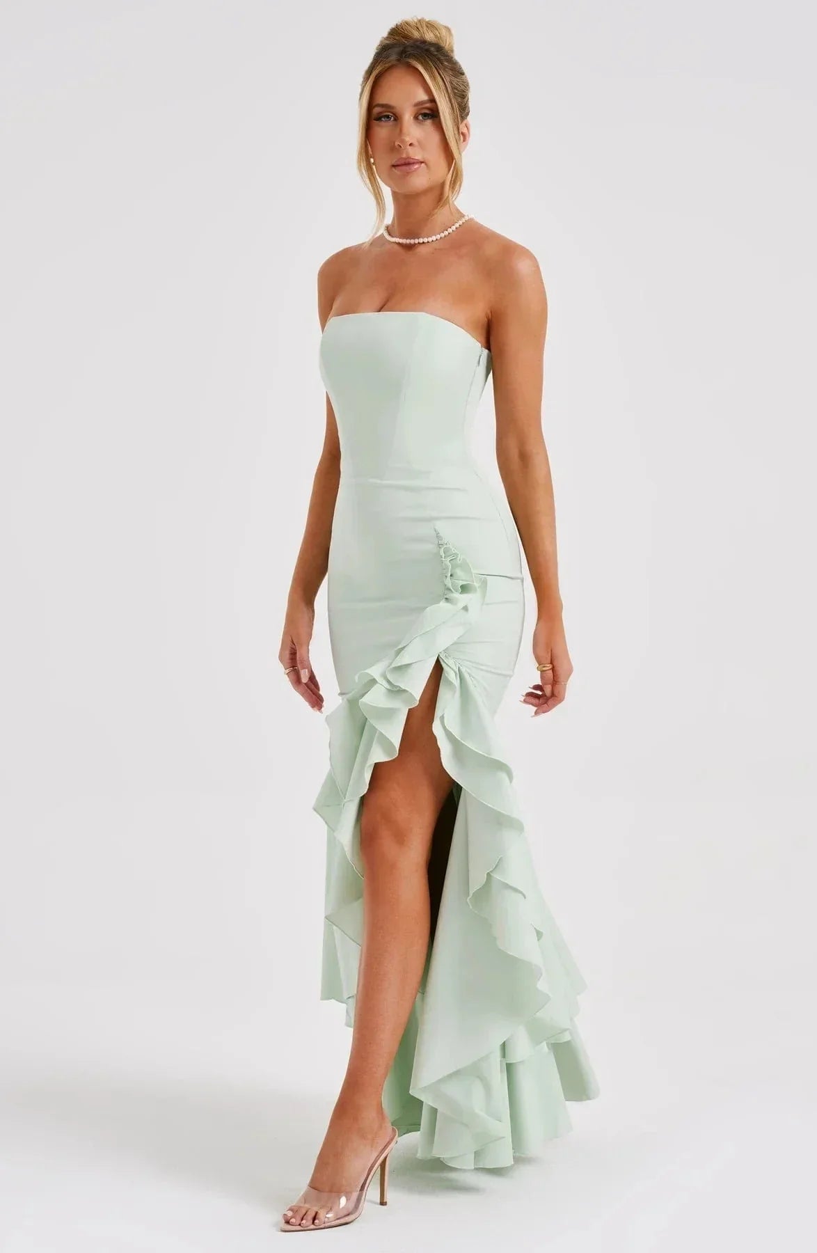 Stacey | Long Sleeveless Dress with Slit and Ruffles
