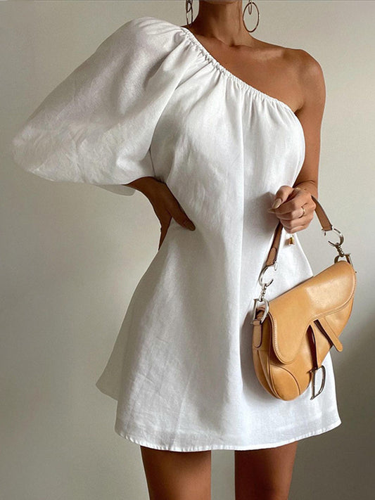 Linen and Cotton One-Sleeve Short Dress
