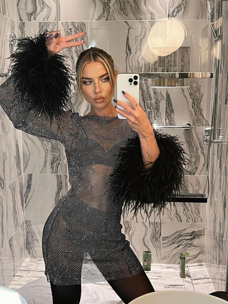 Liora Metallic Feather Mini Dress with Cuffs