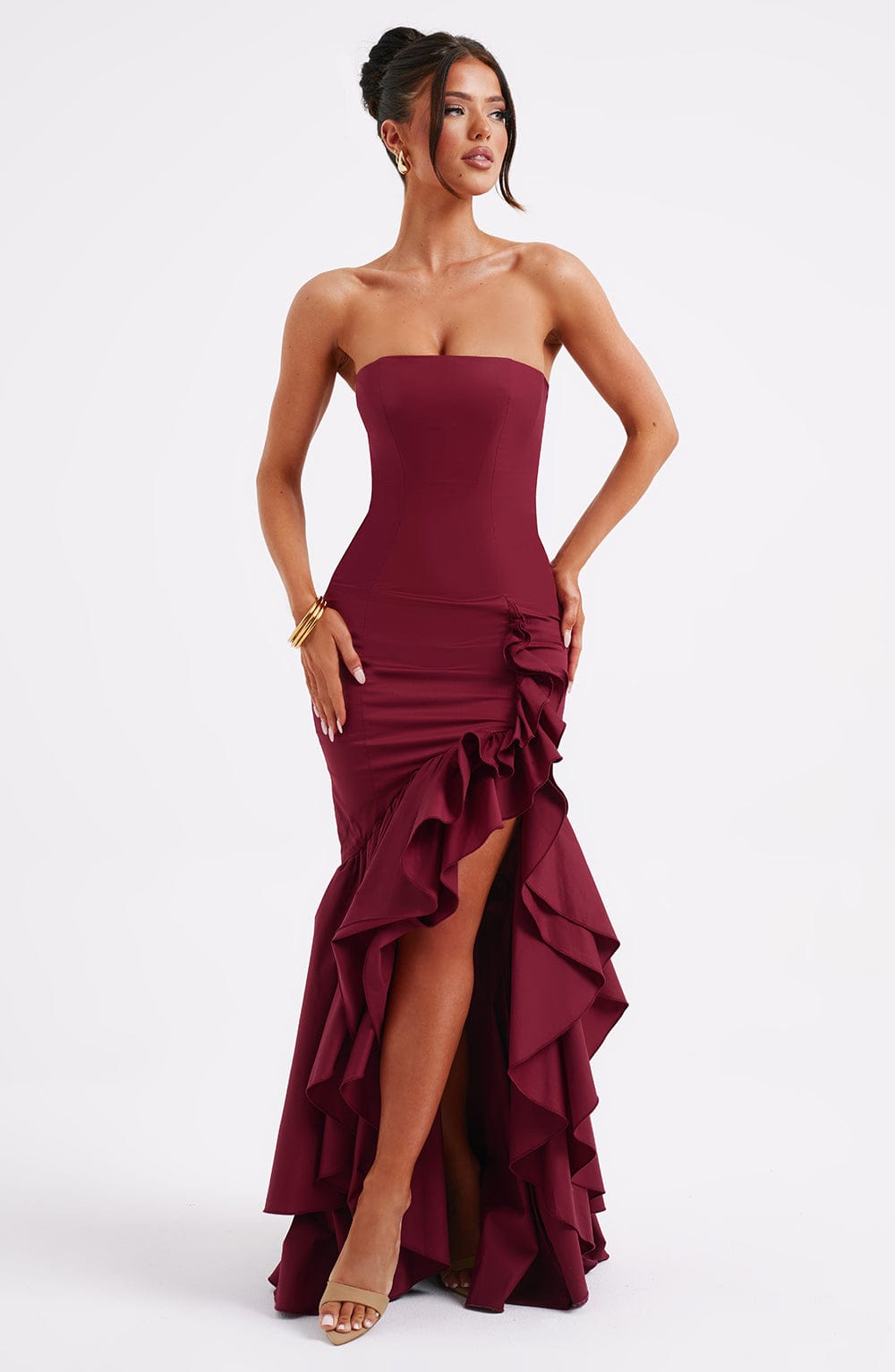 Stacey | Long Sleeveless Dress with Slit and Ruffles