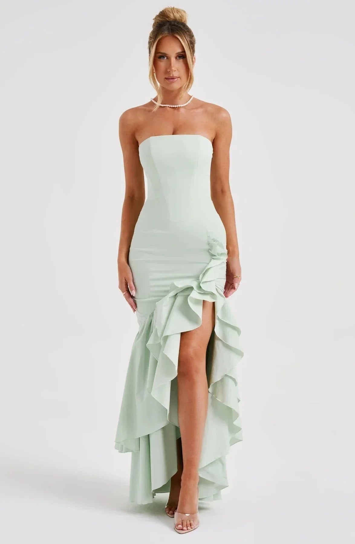 Stacey | Long Sleeveless Dress with Slit and Ruffles