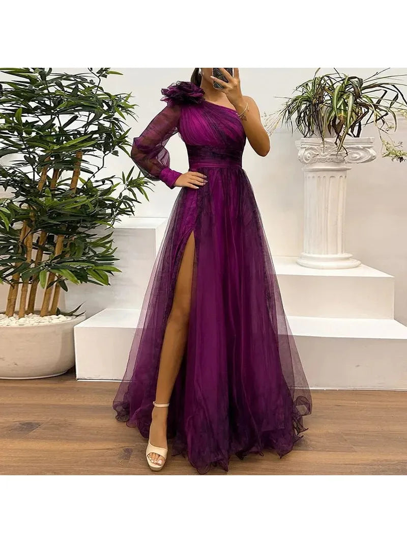 Judith - Trendy One Shoulder Mesh Print Maxi Dress